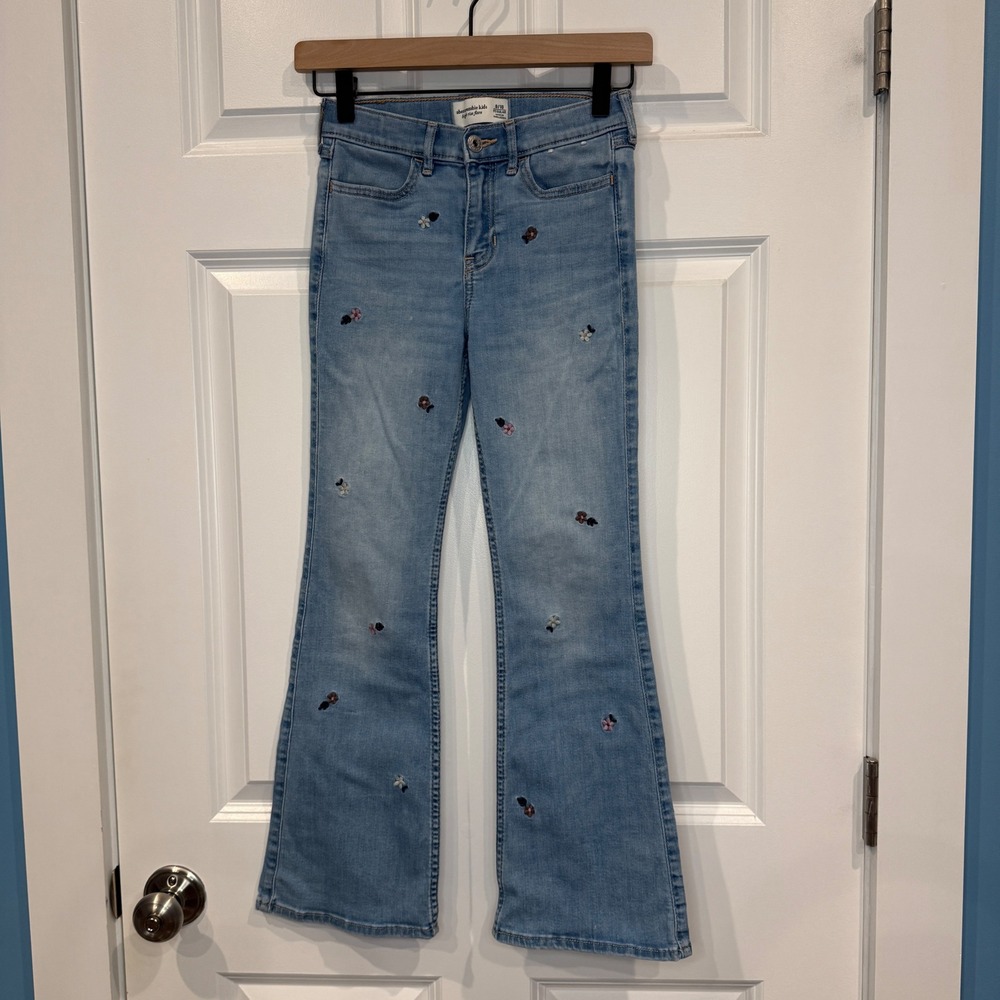 Abercrombie Kids High Rise Flare Jeans Light Wash Embroidered Floral Size 9/10